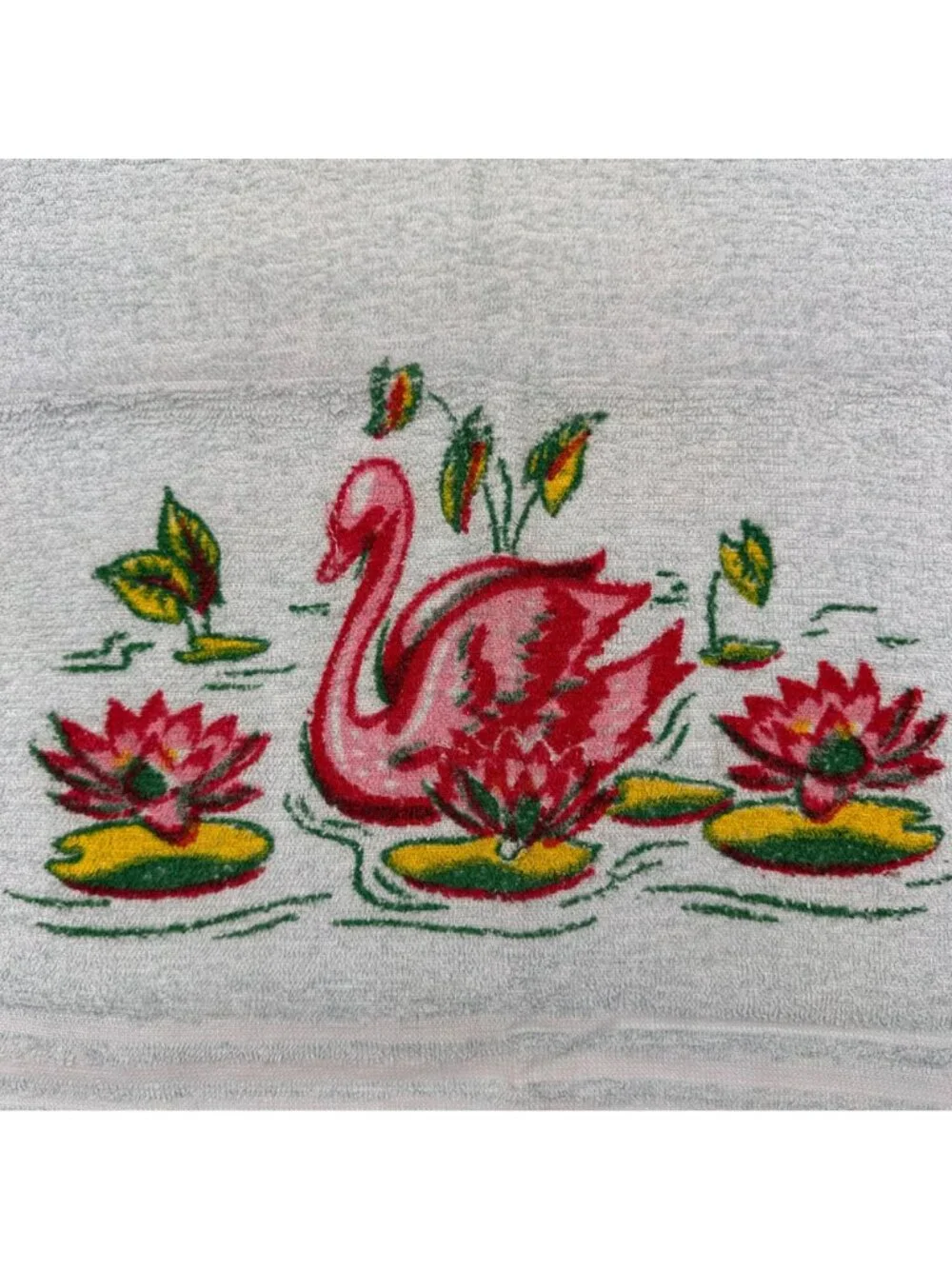 Vintage Bath Hand Towel Set Pink Swan Lily Pads 1950s Retro Bathroom Decor